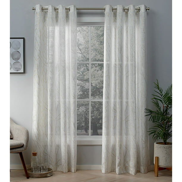 2 Piece Exclusive Home Curtains Woodland Printed Metallic Branch Sheer Textured Linen Window Curtain Panel Pair with Grommet Top Winter Gold 54x84